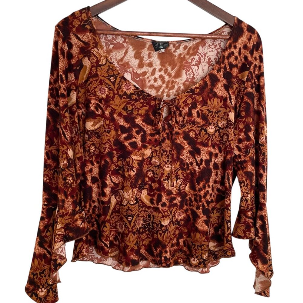 Vintage Y2K Jbx Bell Sleeve Tie Front Top L Brown Leopard Print Birds Boho Gypsy